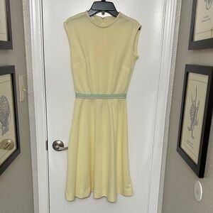 Vintage 1960s/1970/ Butter Yellow Midi Dress with Green, Pink, and Blue Stripe